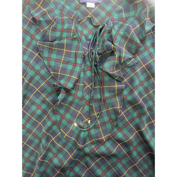 NWT Tommy Hilfiger Women's XL Green Plaid Ruffle Tie Neck Blouse Wrinkle Free - Picture 4 of 10